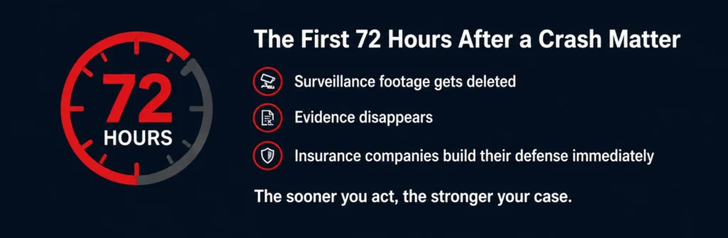 72 hours after a car accident infographic showing evidence loss and importance of acting quickly