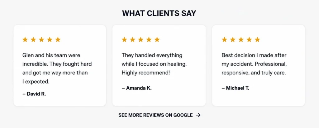 Client testimonials section with five star reviews and positive feedback for personal injury law firm