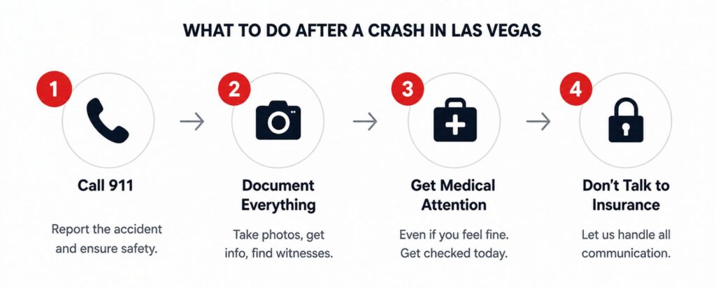 Steps to take after a car accident in Las Vegas including calling 911, documenting evidence, getting medical care, and avoiding insurance communication